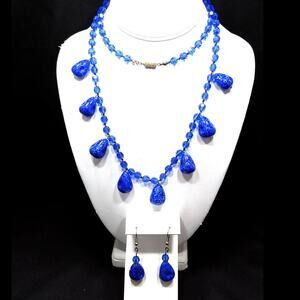 Vintage Cobalt Blue Crystal Necklace Earrings Faux Lapis Glass Set